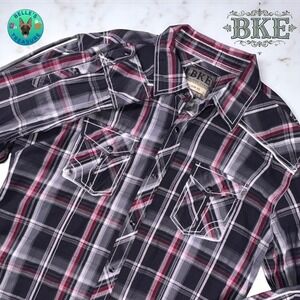 BKE Shirt Mens XL Slim Fit Plaid Western Pearl Snap Button Up Long Sleeve Cowboy